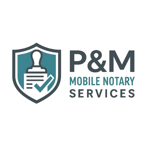 P&M Mobile Notary Services logo with shield and document icon